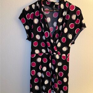 Nine West Black with Pink and White Polka Dots Faux Wrap Blouse with Back Tie
